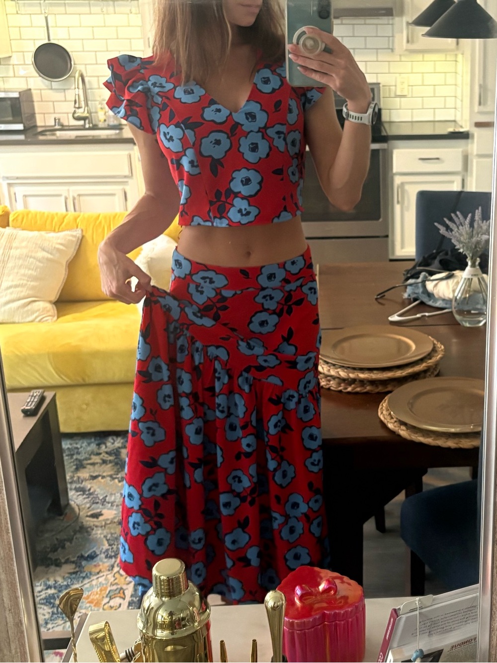Sugarlips Red Maxi Skirt with Blue Floral Print